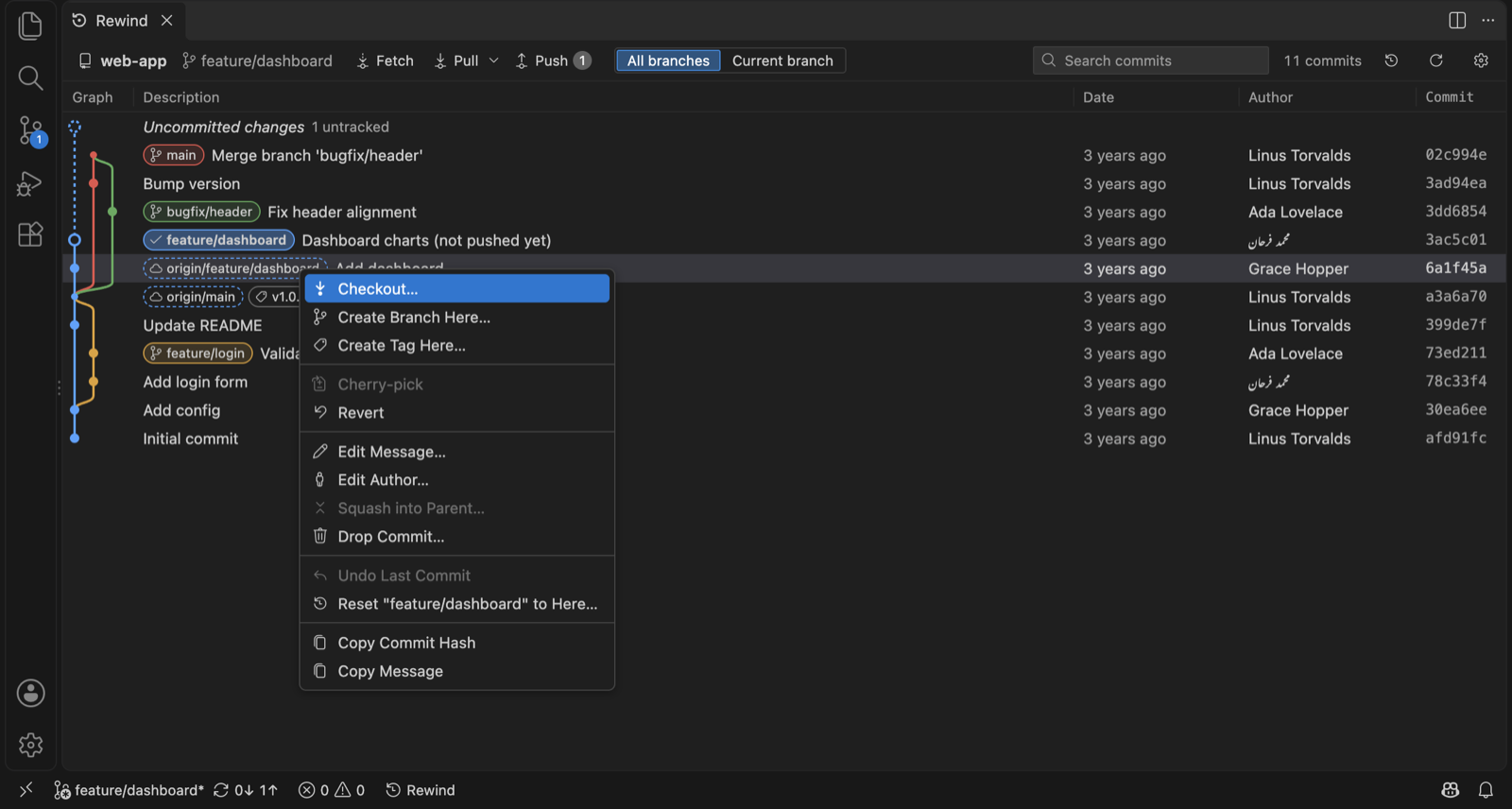 Right-click menu of a commit